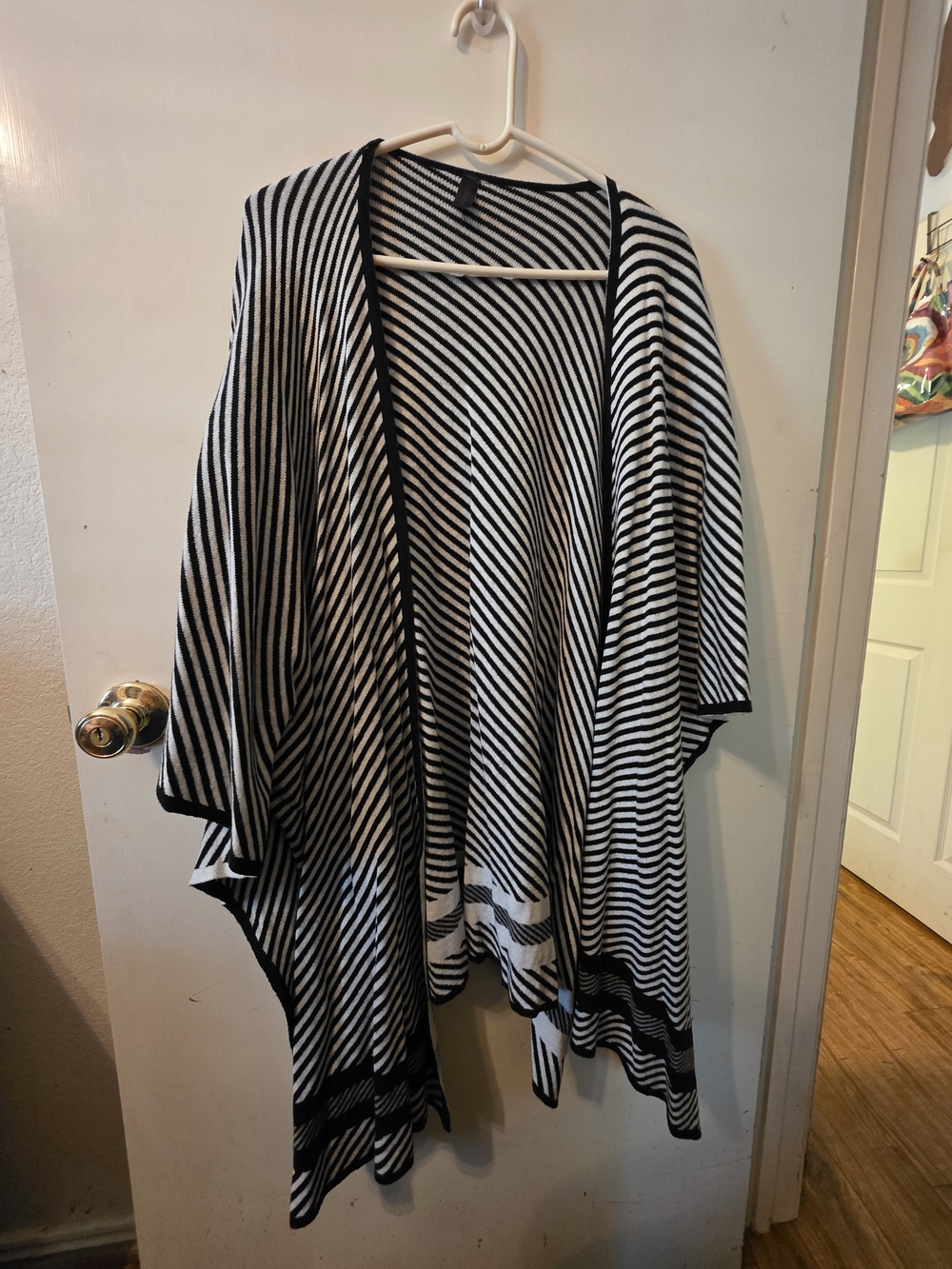Black and White Striped Wrap Cardigan - Draped Accent